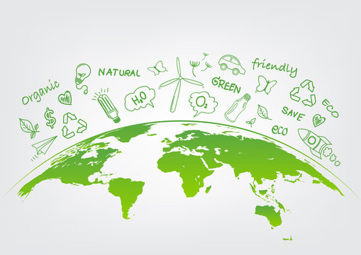 World Environment And Sustainable Development Concept With Ecology Doodle Icons, Vector Illustration