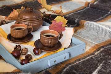 Breakfast on the tray in bed on a warm checkered brown veil. Autumn morning breakfast with coffee and decor from autumn leaves of forest spruce cones and chestnuts