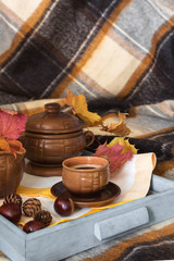 Breakfast on the tray in bed on a warm checkered brown veil. Autumn morning breakfast with coffee and decor from autumn leaves of forest spruce cones and chestnuts