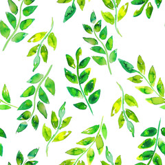 Watercolor green leaf hand drawn seamless pattern