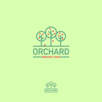 Orchard icon. Organic food logo. Fresh fruit emblem. Three fruit trees on a light background.