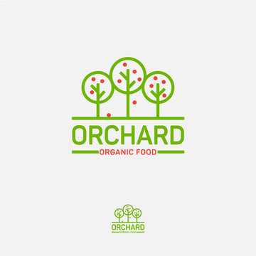 Orchard icon. Organic food logo. Fresh fruit emblem. Three fruit trees on a light background.