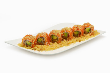 California sushi roll in white plate on white background