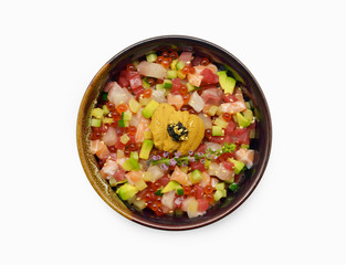 Mixed sashimi don (maguro, otoro, salmon, sea bass, hamachi, uni) on white background. Japanese food