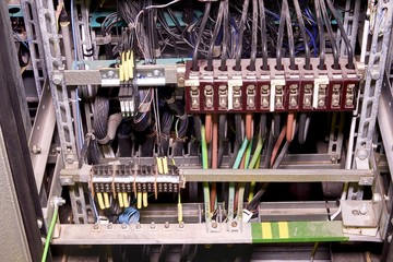 Closeup old distribution case in plant.  Electric system in cabinet building system. Old electric...