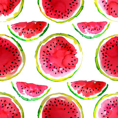 Summer  theme. Watercolor watermelon seamless pattern. Hand drawn. 