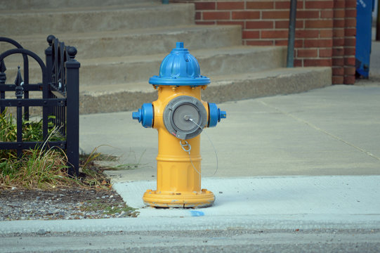 A colorful painted fire hydrant decorating the sidewalk of a small town
