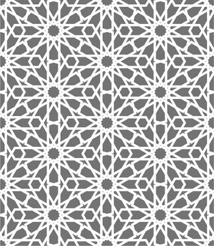 Islamic seamless vector pattern. White Geometric ornaments based on traditional arabic art. Oriental muslim mosaic. Turkish, Arabian, Moroccan design on a dark background. Mosque decoration element
