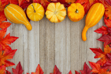Autumn background with gourds and fall leaves on weathered wood
