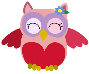 Nice pink smiling owl with a lilac flower on the ear