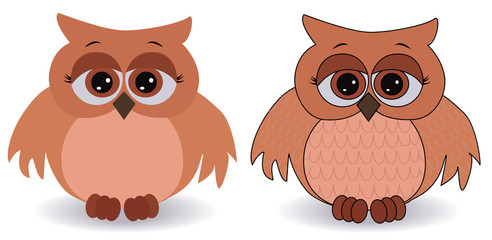 Two sad pink owls with surprised eyes and splayed wings, with a pattern on the sternum and wings