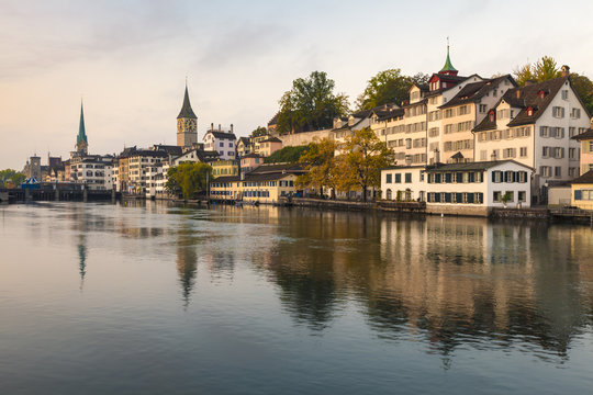 Zurich, Switzerland - City Skyline and the River Limmat at Dawn