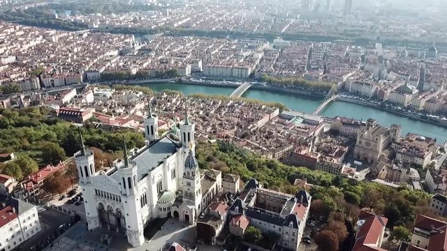 Aerial Helicopter View of Lyon France 