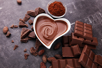 Melting chocolate or melted chocolate and chocolate swirl. stack and powder.