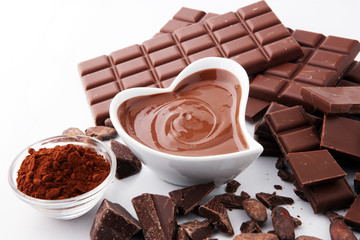 Melting chocolate or melted chocolate and chocolate swirl. stack and powder.