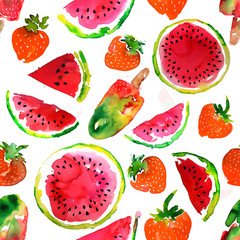 Summer theme. Watermelon and strawberry seamless pattern. Watercolor painting