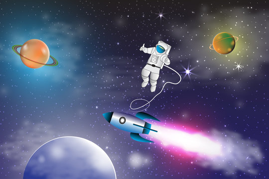 Space exploration with retro rocket planets ,stars and astronaut on space background with rays and flares vector illustration.
