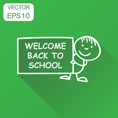 Back to school placard in hands icon. Business concept hand drawn welcome school pictogram. Vector illustration on green background with long shadow.