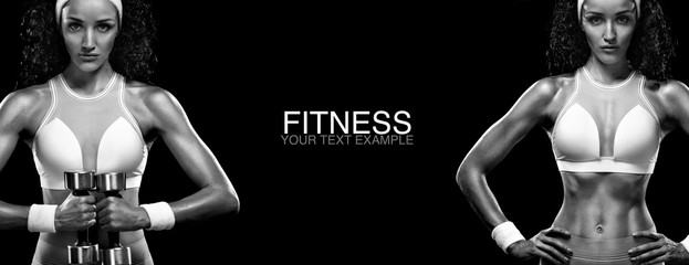 Sporty and fit woman with dumbbell exercising at black background to stay fit. Workout and fitness motivation.