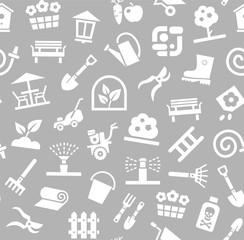 Landscape design, background, seamless, gray, vector. Background with equipment for gardening and horticulture. White, flat figures on a grey field. Arrangement of land. 