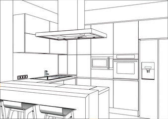 3D vector sketch. Modern kitchen design in home interior. Kitchen sketch. There is also a kitchen peninsula in the room. Kitchen and living room combined. Home Interior Design Software Programs.	