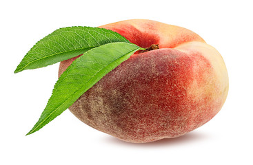 Fresh chinese flat donut peach with leaf isolated on white with clipping path