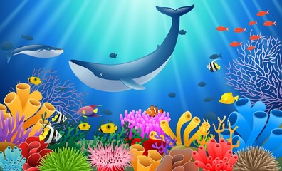 Fototapeta premium Cartoon whale with Coral Reef Underwater in Ocean. Vector illustration