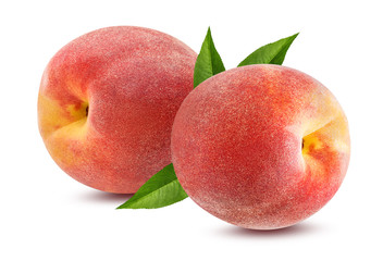 Two fresh peaches with leaf isolated on white background with clipping path