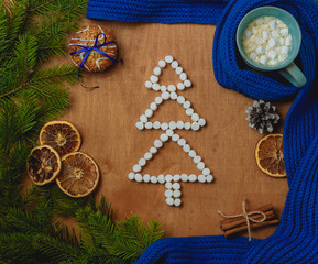 Christmas background with fir-tree, scarf, dry orange, cone, biscuits, cinnamon