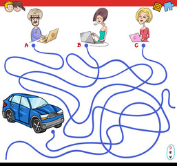 cartoon paths maze game with people and car