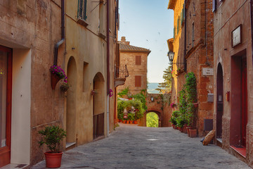 Fototapeta na wymiar Beautiful narrow street with sunlight and flowers in the small magical and old village of Pienza, Val D'Orcia Tuscany, Italy.