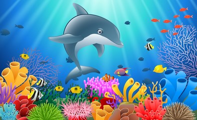 Naklejka premium Cartoon dolphin with Coral Reef Underwater in Ocean. Vector illustration