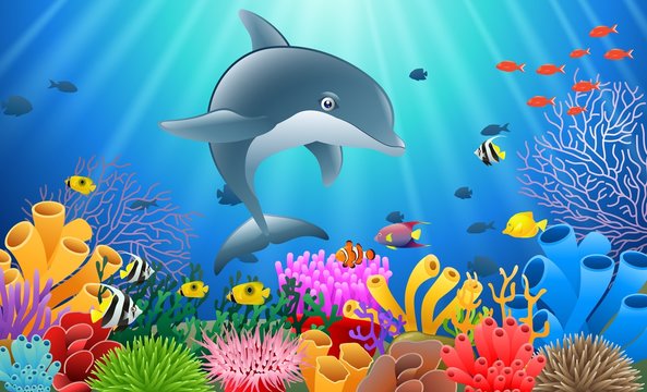 Cartoon dolphin with Coral Reef Underwater in Ocean. Vector illustration