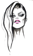 Woman portrait. Hand painted watercolor and ink. Fashion illustration background.
