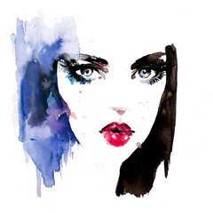 Woman portrait with pink lips. Hand painted watercolor. Fashion illustration background.
