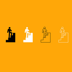 A man climbing stairs black and white set icon.