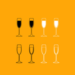 Glass of champagne set black and white icon .