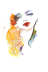 Woman portrait. Hand painted watercolor. Fashion illustration background.