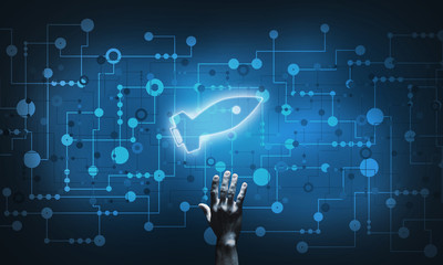 Technology idea concept with glowing rocket icon and touching it finger