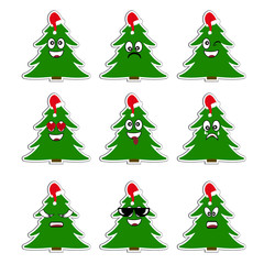 Set of cartoon christmas tree Emoticons. Vector cute stickers of christmas tree