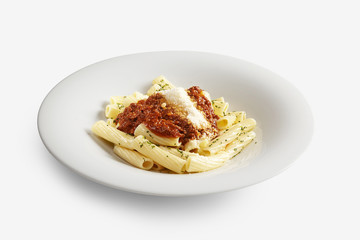 Pasta macarroni with tomato sauce and parmesan hees
