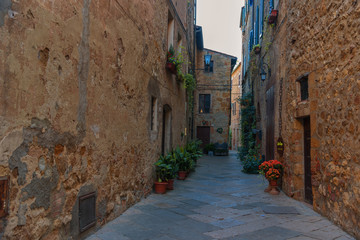 Obraz na płótnie Canvas Beautiful narrow street with sunlight and flowers in the small magical and old village of Pienza, Val D'Orcia Tuscany, Italy.