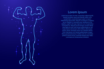 Figure of a man bodybuilder from the contours network blue, luminous space stars for sports banner, poster, greeting card, of vector illustration