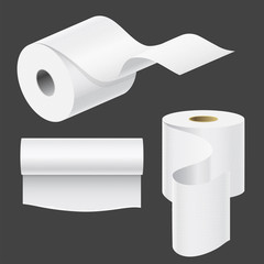 Realistic paper roll mock up set isolated vector illustration blank white 3d packaging kitchen towel template