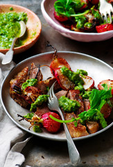 RIB-EYE STEAKS WITH RADISH GREENS CHIMICHURRI SAUCE.style rustic.