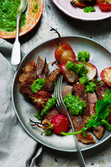 RIB-EYE STEAKS WITH RADISH GREENS CHIMICHURRI SAUCE.style rustic.