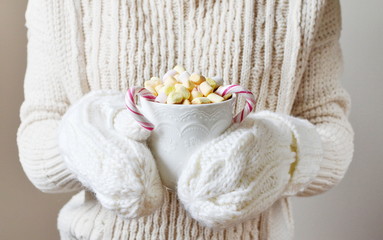 Woman Hands Holding Cup Beverage Hot Chocolate Christmas New Year Concept White Mittens  Winter Snow Flat Lay Style White Background