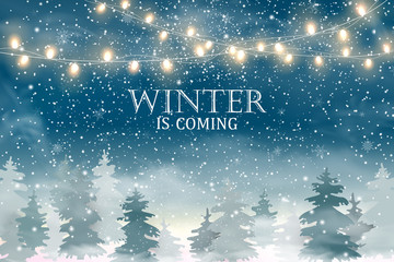 Winter is coming. Christmas landscape with Falling Christmas snow, coniferous forest, light garlands. Holiday winter landscape. Snowfall background. Vector illustration