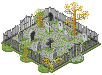 Cemetery in autumn. 3D isometric view. Vector illustration.