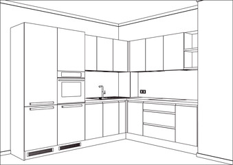 3D vector sketch. Modern kitchen furniture design in home interior. Kitchen sketch. Home Interior Design Software Programs.